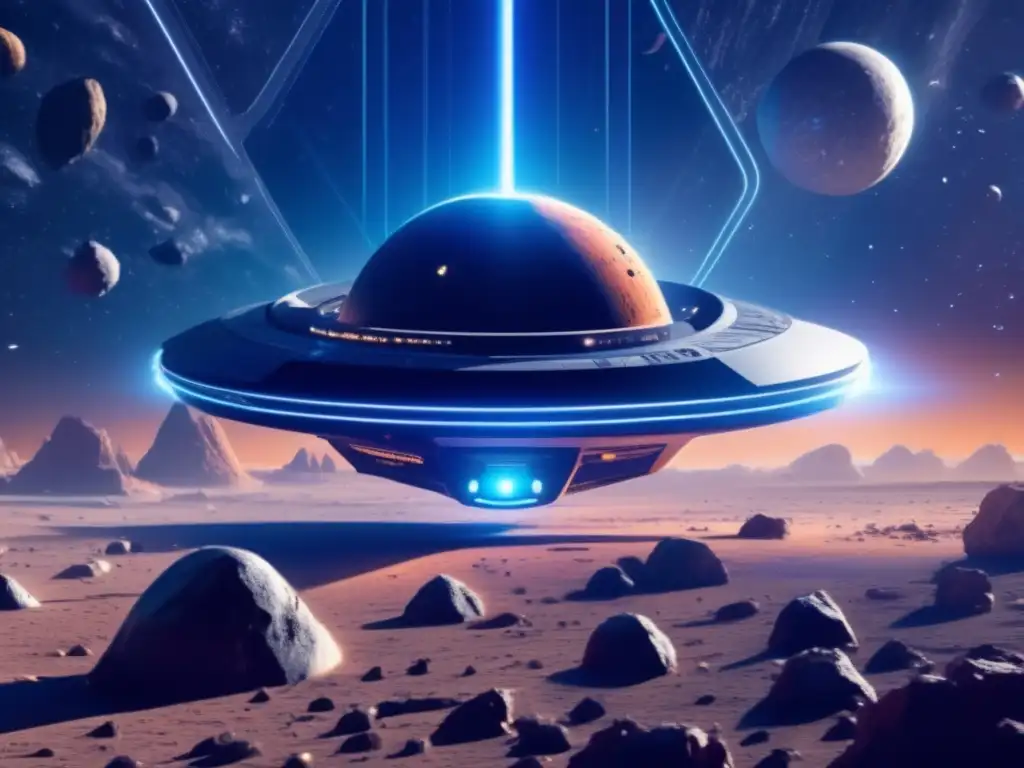Nave espacial futurista en asteroides Avances IA en navegación autónoma entre asteroides