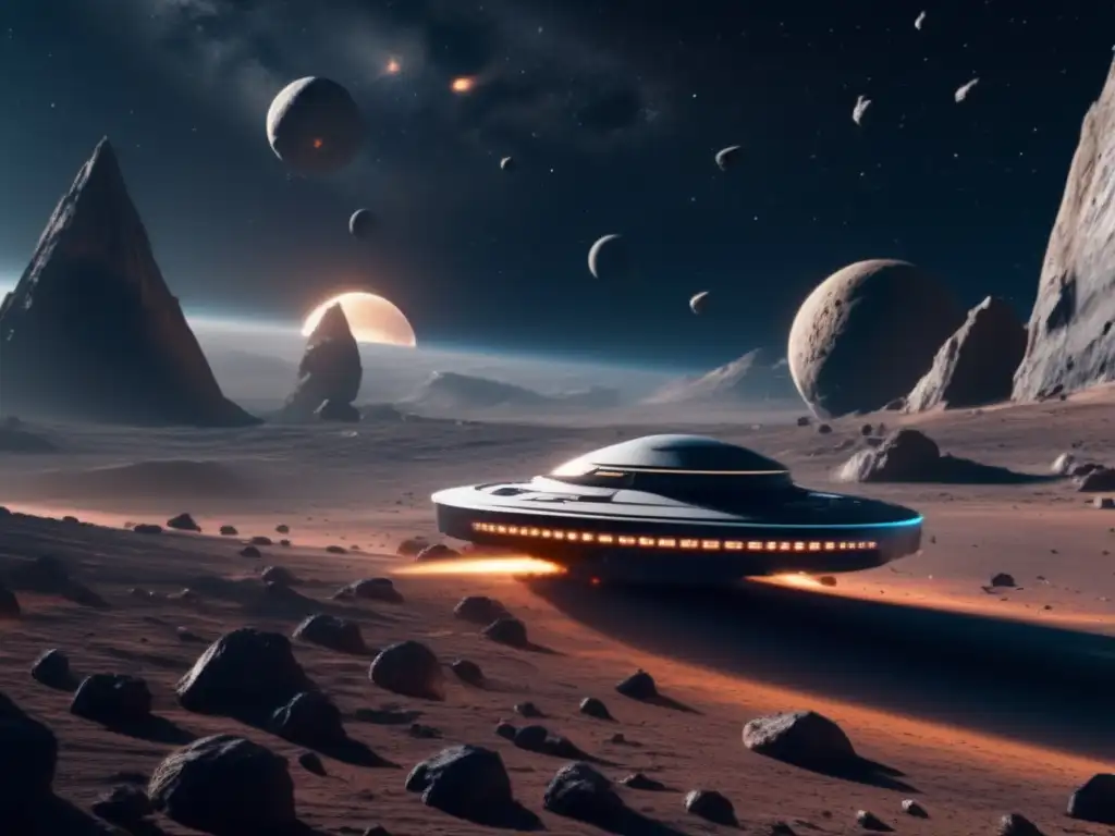 Nave espacial futurista en el cinturón de asteroides Avances IA navegación autónoma en asteroides