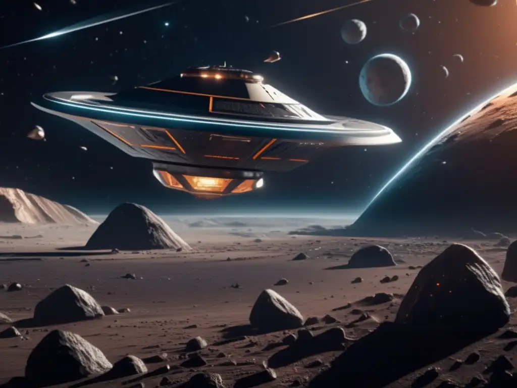 Futurista nave espacial en cinturón de asteroides Avances IA navegación autónoma asteroides en imagen detallada de nave espacial futurista surcando cinturón asteroidal en el espacio profundo