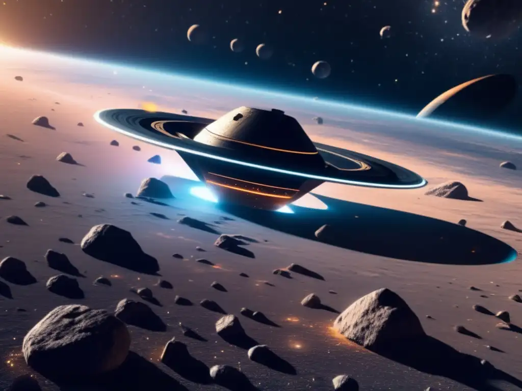 Nave espacial futurista en el cinturón de asteroides Avances IA navegación autónoma asteroides: nave espacial futurista en cinturón de asteroides, tecnología 8K y belleza celeste