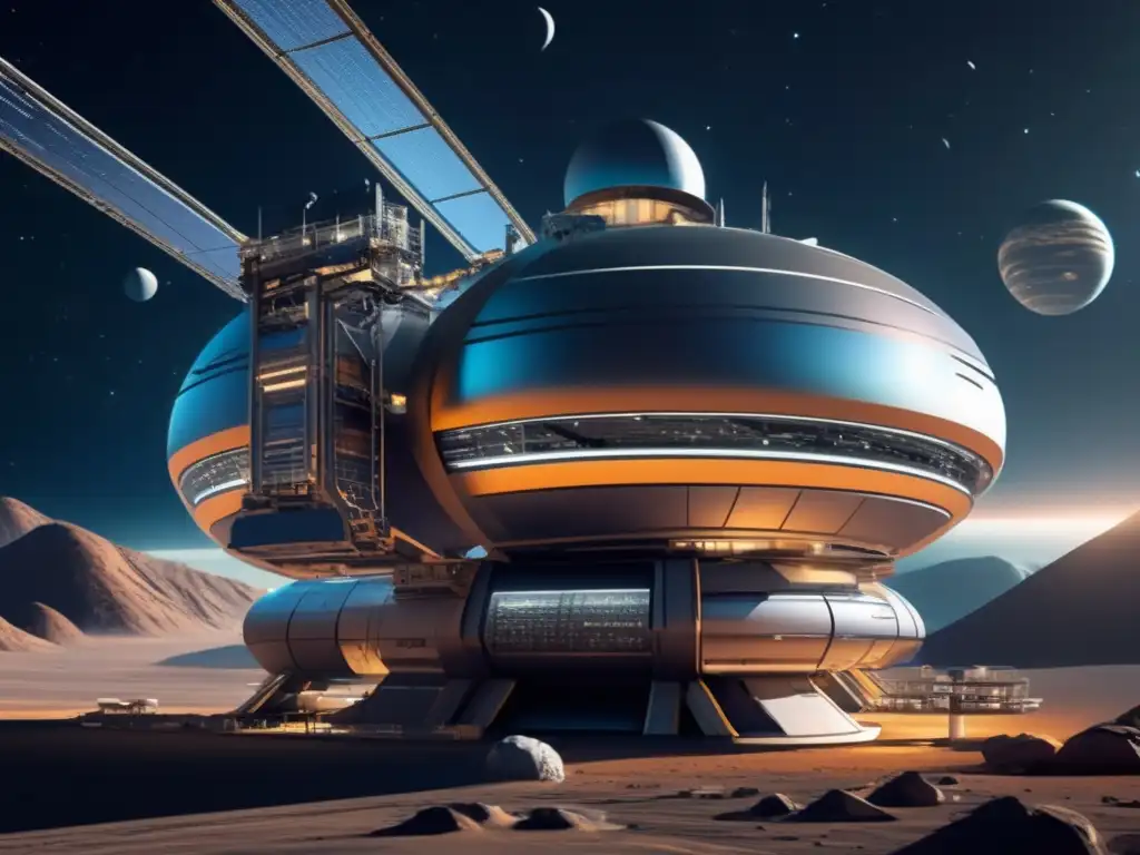 Estación espacial futurista en el espacio Avanzada estación espacial flotando en nebulosa, refinando minerales extraterrestres