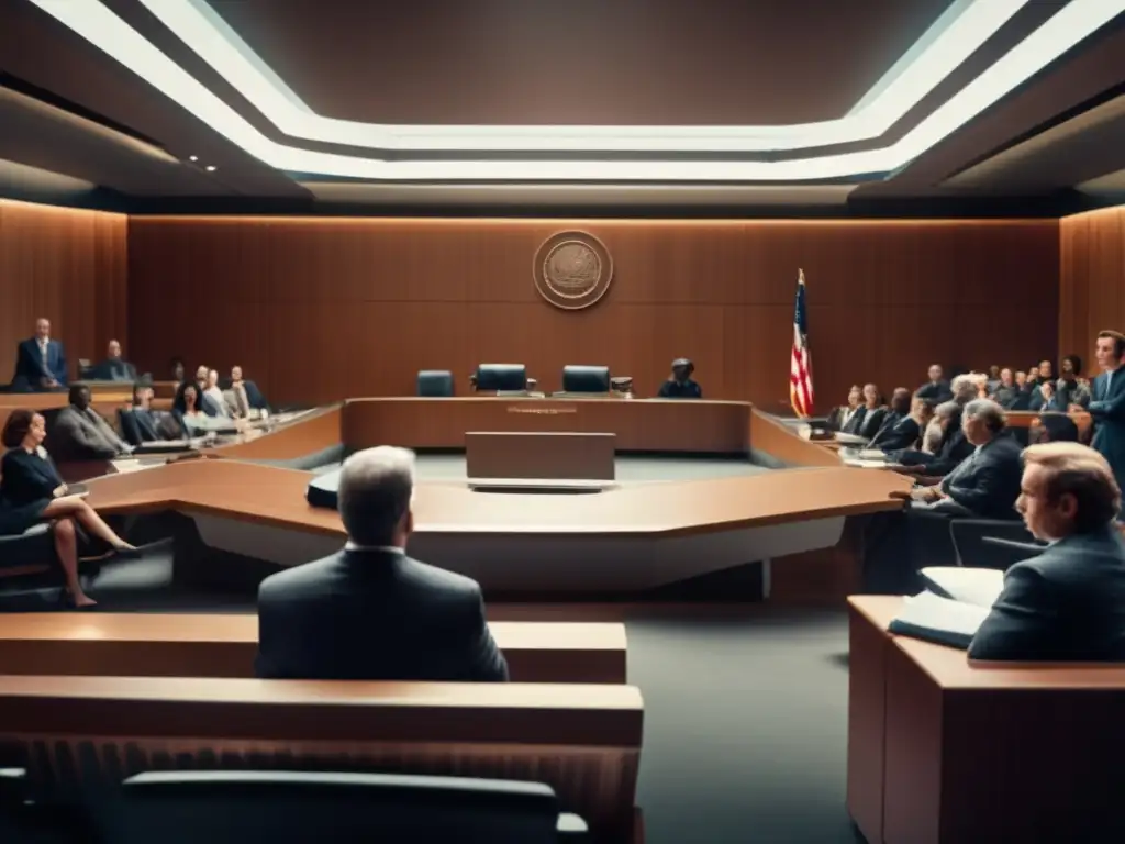 Batalla legal por recursos espaciales Batalla legal recursos espaciales: intensa escena en un moderno tribunal con jueces, abogados y público atento