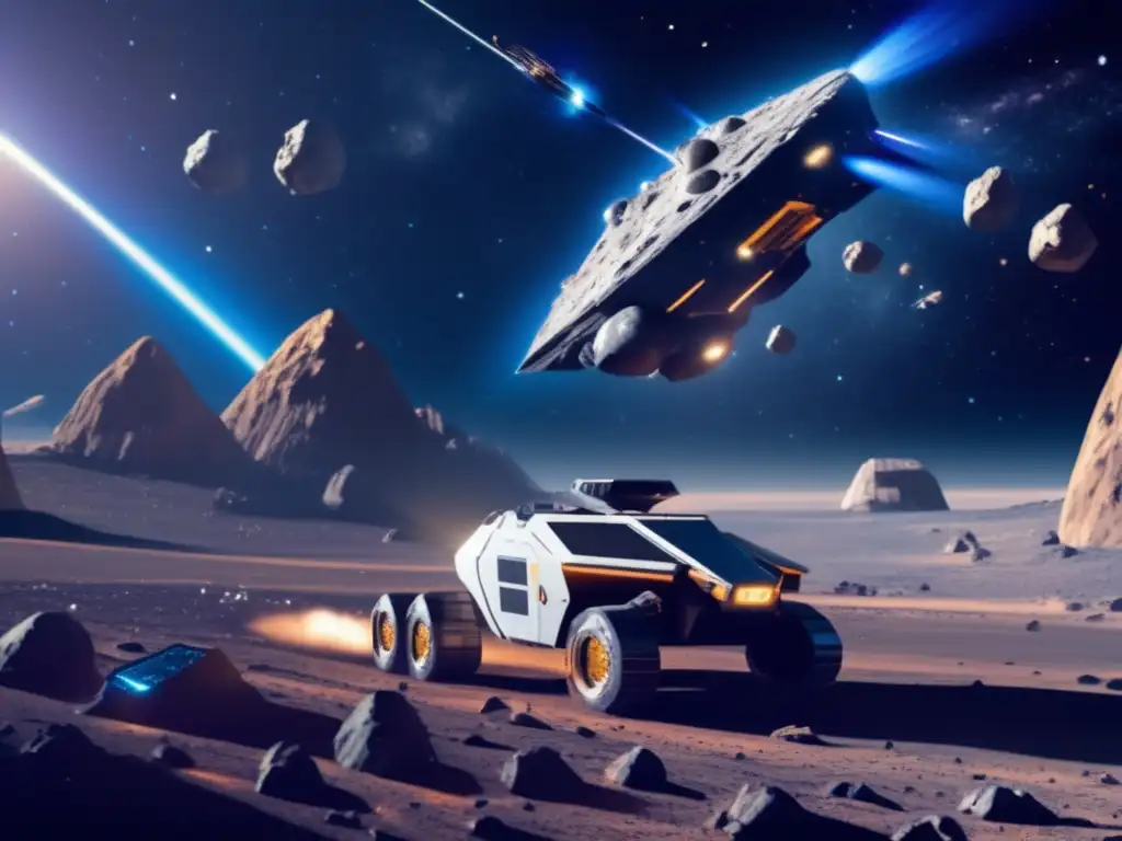 Minería espacial futurista Batalla legal recursos espaciales: Operación minera 8K futurista en asteroides con avanzada tecnología