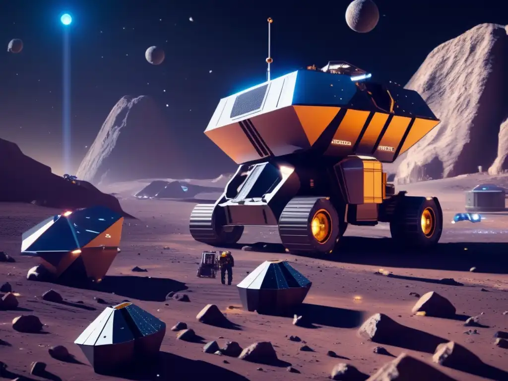 Operación minera futurista en asteroide Batalla legal recursos espaciales: Minería espacial futurista en asteroide con rig y asteroides en tonos azules, morados y dorados