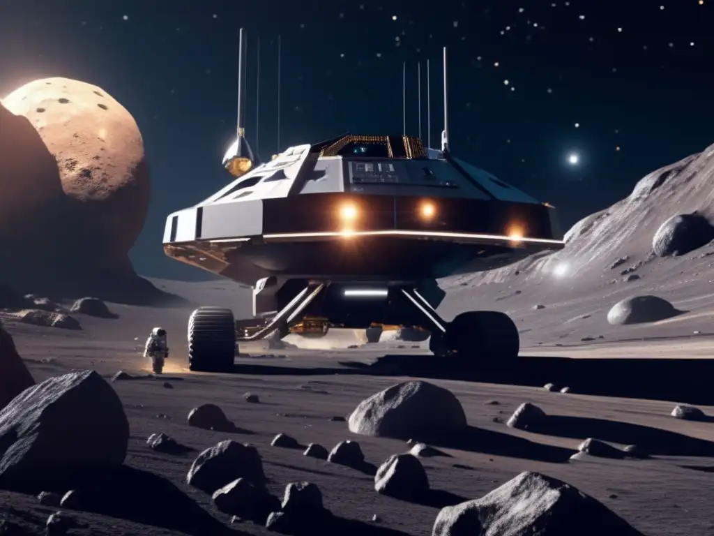 Minería espacial en asteroide: Recursos y conflictos Batalla legal recursos espaciales: imagen detallada de una operación minera en asteroide, con nave futurista y brazos robóticos