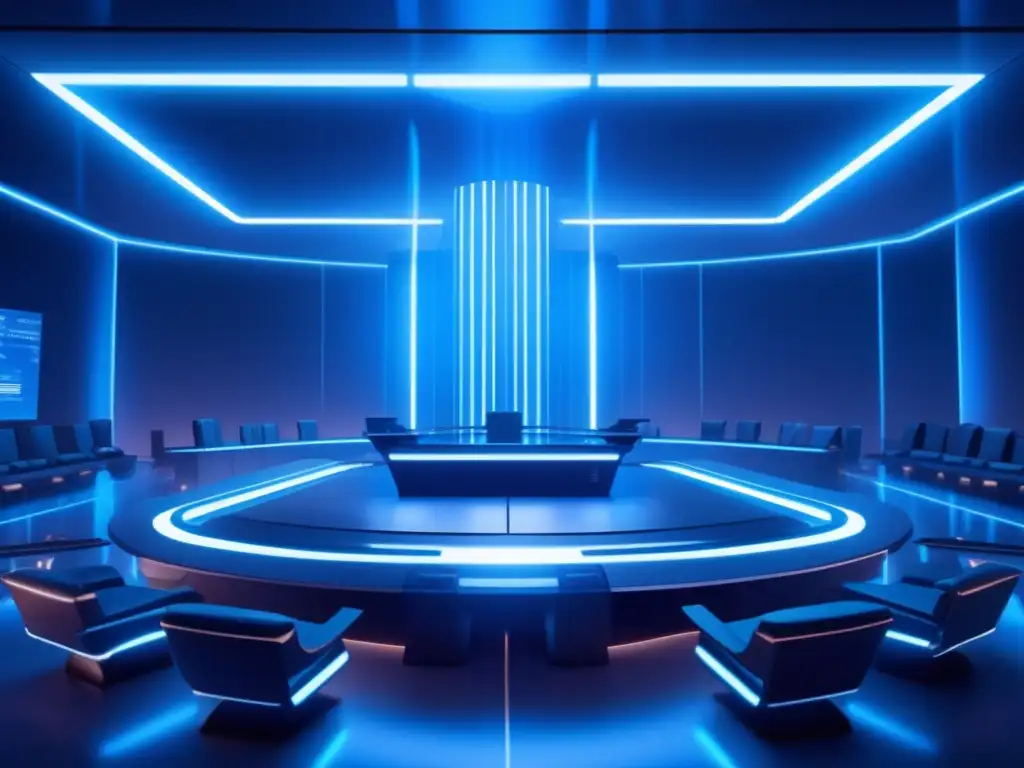 Batalla legal por recursos espaciales Batalla legal por recursos espaciales: Futurista sala de tribunal 8K con muros de vidrio, juez tecnológico y disputa internacional