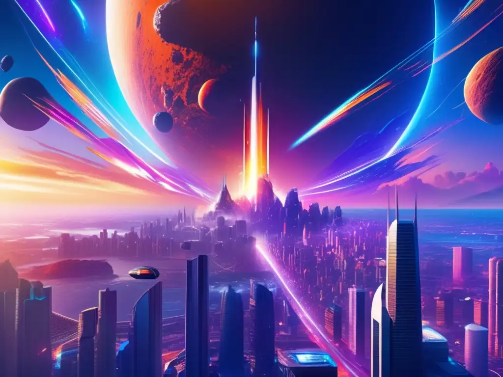 Futuro de la ciudad con asteroides Beneficios de explotación de asteroides: ciudad futurista, escudo energético, colisión de asteroides, estrategias económicas, minería espacial
