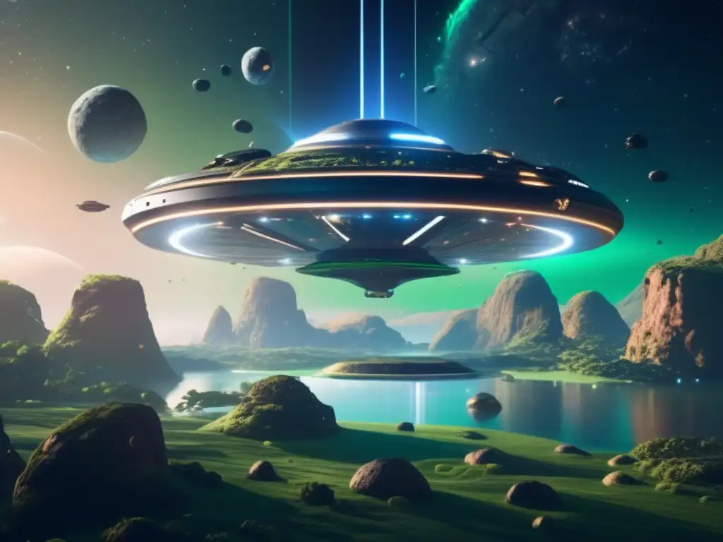 Beneficios de la terraformación de asteroides: Estación espacial futurista entre asteroides transformados en paisajes verdes