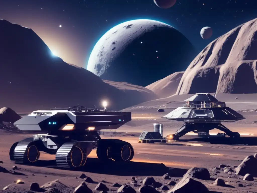 Futuro de la minería espacial Beneficios de la explotación de asteroides: Futurista operación minera en el espacio, con avanzada tecnología y astronautas