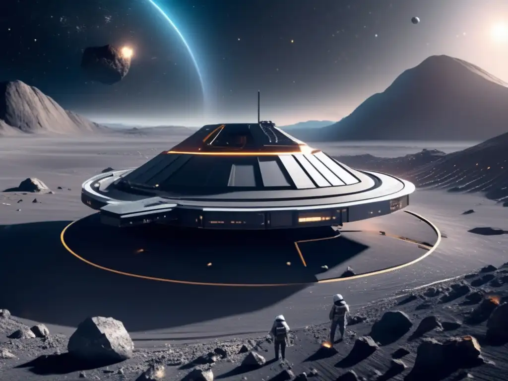 Beneficios minería asteroides: Futurista operación minera espacial en asteroide