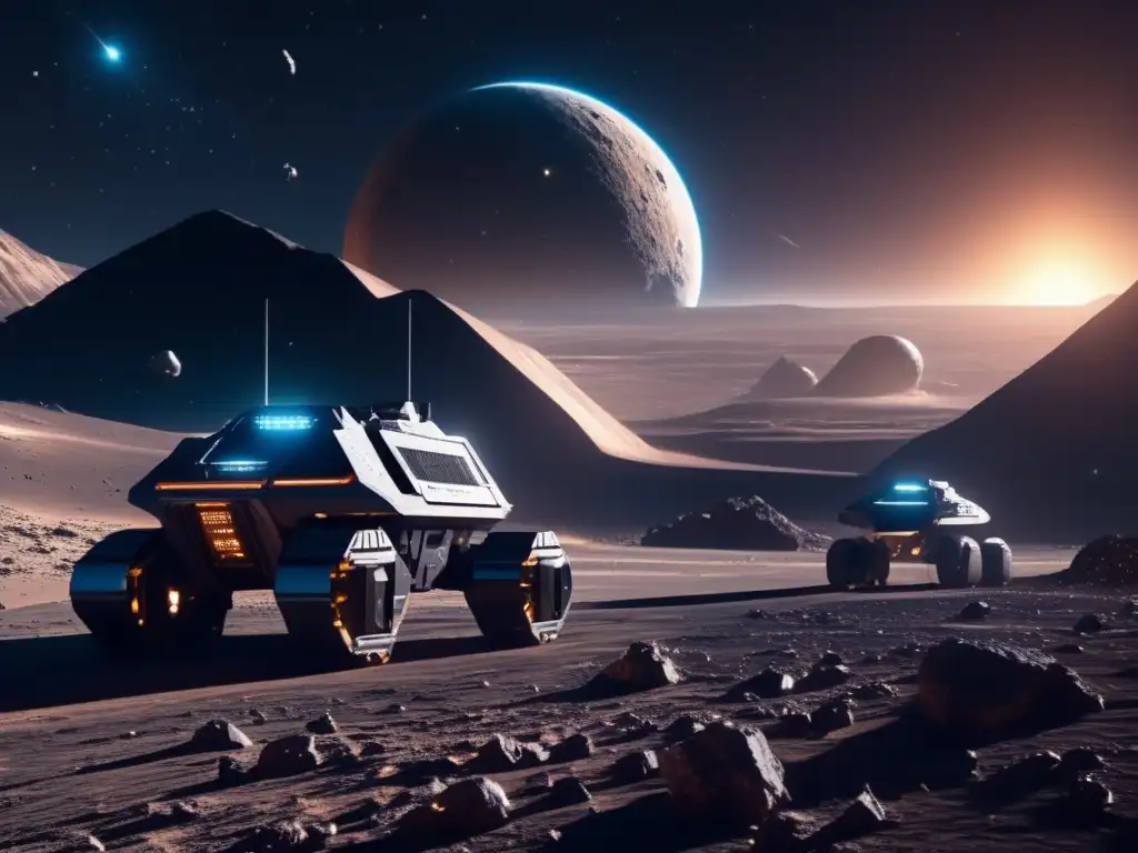 Minera espacial futurista en asteroide Beneficios de explotación de asteroides: Futuro minero espacial con avanzada tecnología y valiosos recursos extraídos en gravedad cero