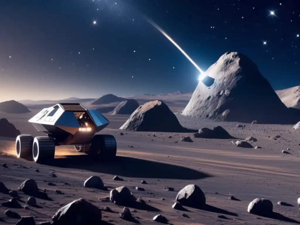 Beneficios extracción asteroides: Futuro minero espacial con equipo avanzado en asteroide, astronautas operando tecnología punta