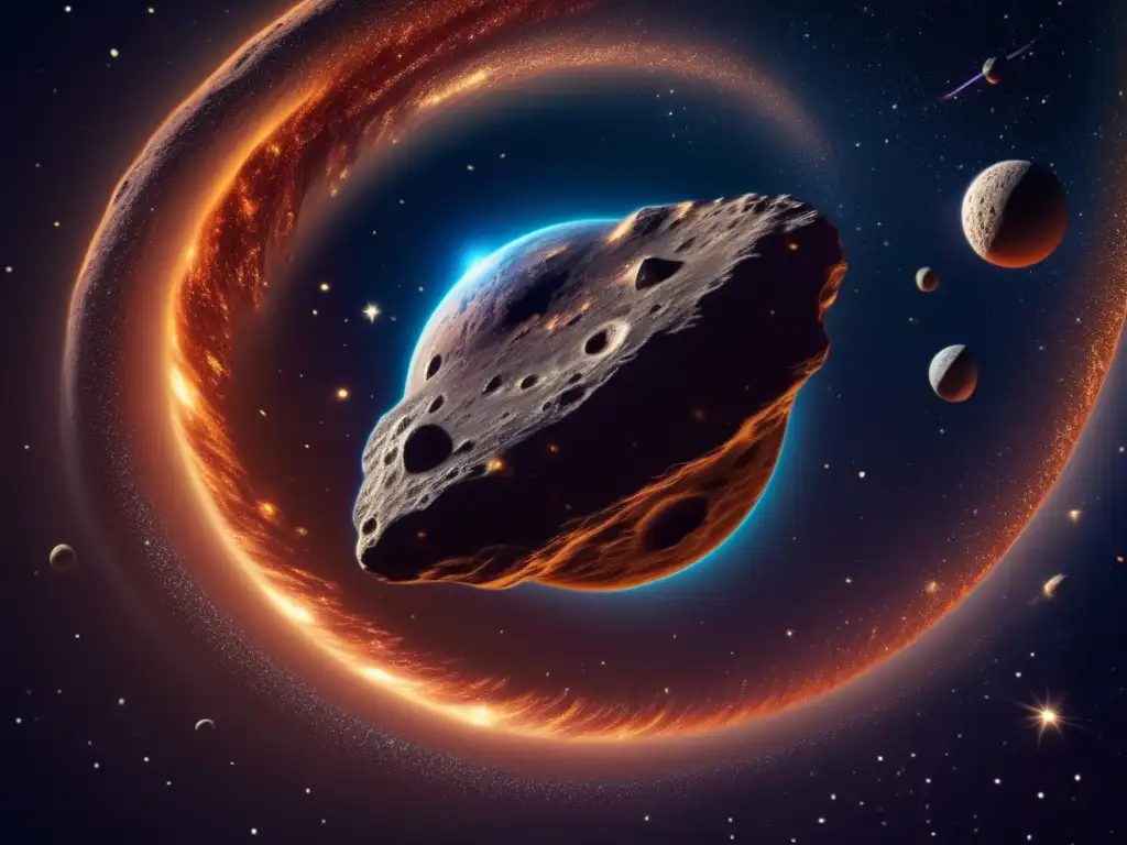 Asombroso asteroide en el espacio Beneficios de la explotación de asteroides: Vista asombrosa de un asteroide en el espacio, rodeado de polvo cósmico, estrellas y una nebulosa vibrante
