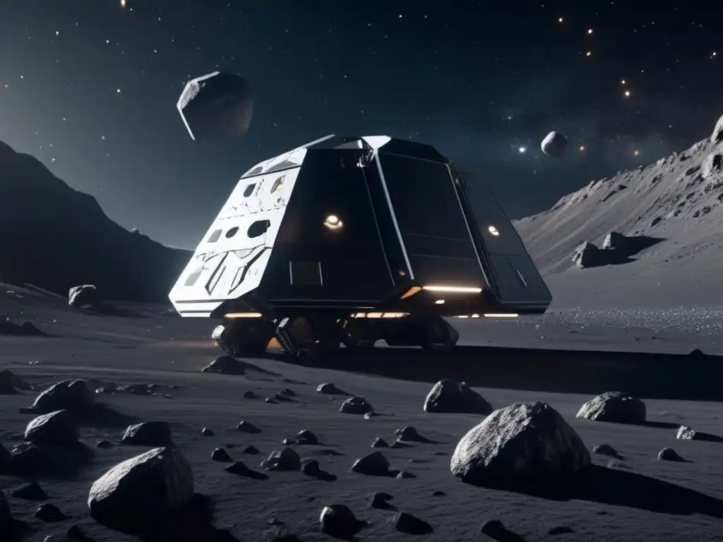 Operación minera futurista en asteroide Beneficios económicos de asteroides basálticos: operación minera espacial futurista en un asteroide con tecnología avanzada y recursos valiosos
