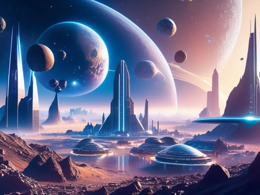 Ciudad futurista flotante en campo de asteroides Beneficios económicos de los asteroides: ciudad futurista flotante sobre un campo de asteroides radiantes