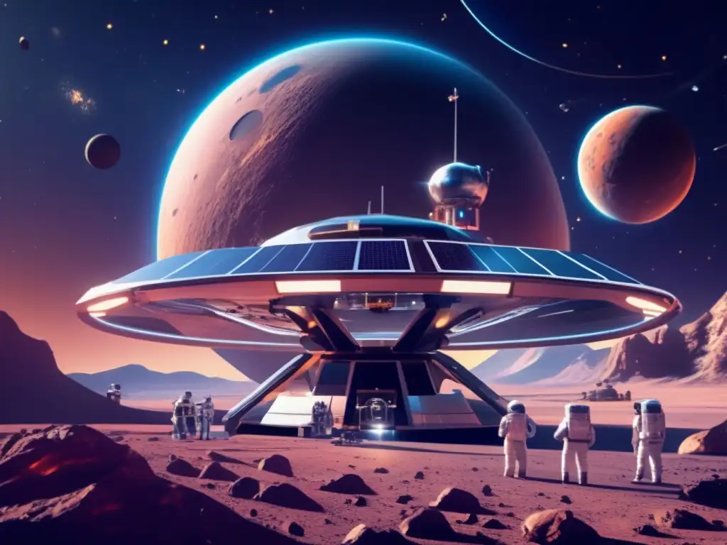 Beneficios económicos de la explotación de asteroides en una estación espacial futurista rodeada de la belleza del cosmos