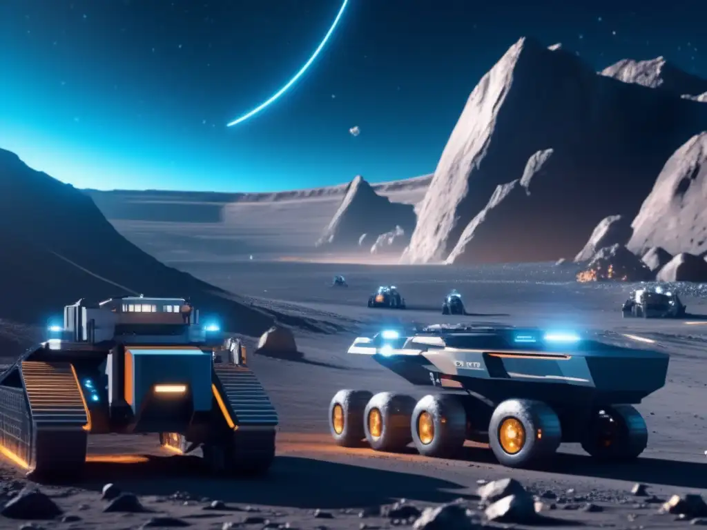 Beneficios económicos de la explotación de asteroides: Futurista operación minera espacial en un asteroide con avanzada tecnología y maquinaria