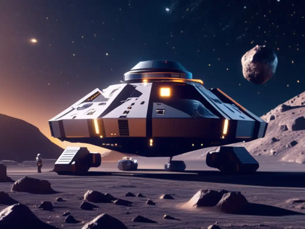 Mineria espacial en asteroide metalico Beneficios económicos de la explotación de asteroides: mina futurista en un asteroide, con maquinaria avanzada y valiosos minerales en transporte