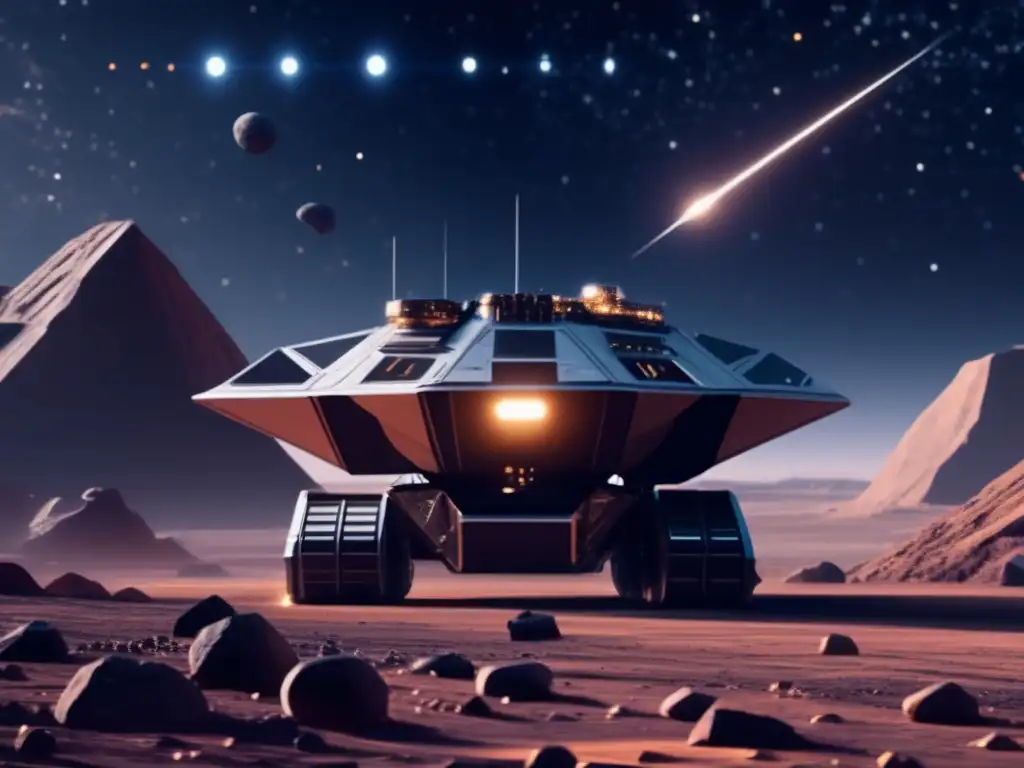 Futuro de la minería espacial Beneficios económicos de los asteroides: Operación minera futurista en un asteroide, con tecnología avanzada y recursos valiosos extraídos