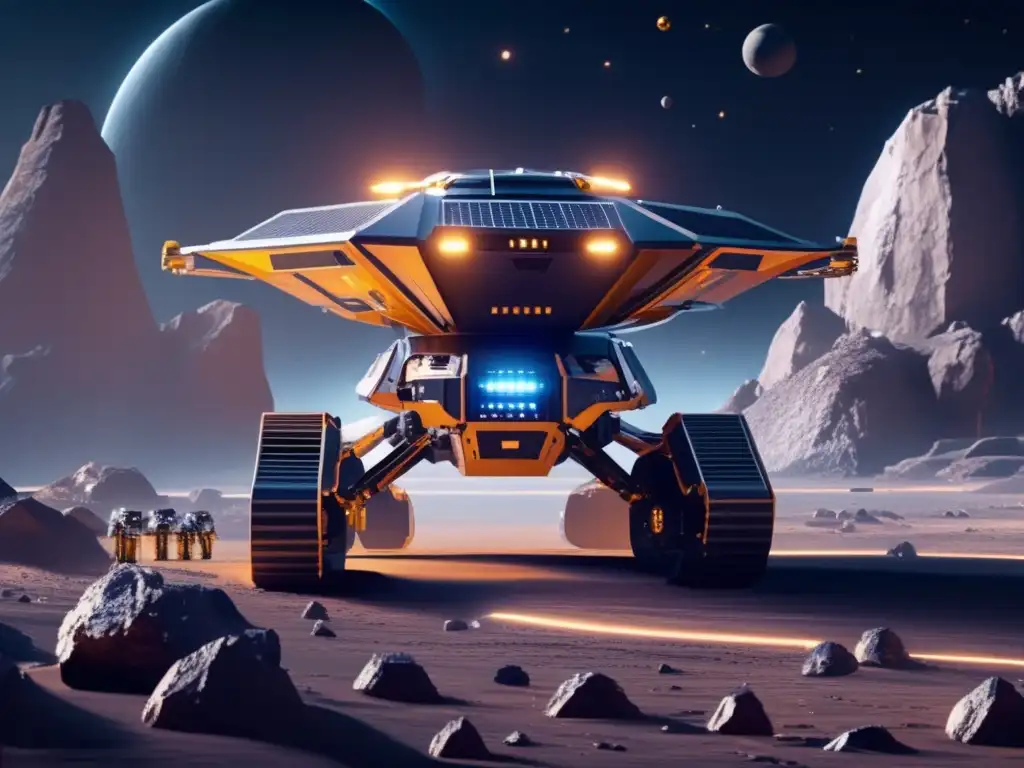 Minería espacial futurista en asteroide Beneficios económicos de la explotación de asteroides: Operación minera futurista en un asteroide, con gigantesca plataforma y drones