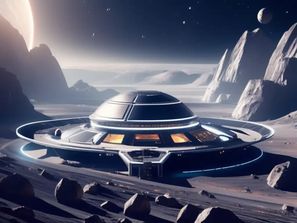 Estación minera futurista en asteroide Beneficios económicos de la minería de asteroides: estación minera futurista en asteroide con avanzada tecnología minera y flota de naves espaciales