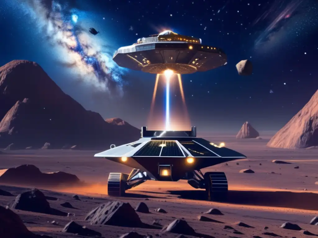 Futurista operación minera espacial en asteroide Beneficios económicos de la minería de asteroides en una escena futurista de minería espacial