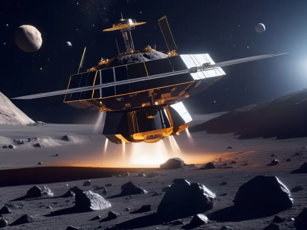 Sonda espacial minera en asteroide Beneficios económicos de la minería espacial: sonda futurista extrae recursos valiosos en asteroide