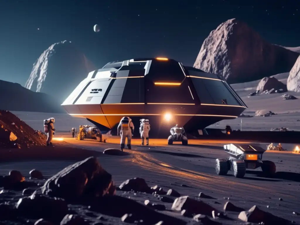Futuro de la minería espacial Beneficios económicos de la minería espacial en una imagen 8K impactante, mostrando una futurista instalación minera en un asteroide