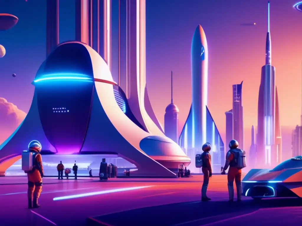 Futuro espacioportuario y minería espacial Beneficios económicos de la minería espacial: Futurista espacioporto con rascacielos, naves espaciales, científicos y asteroides