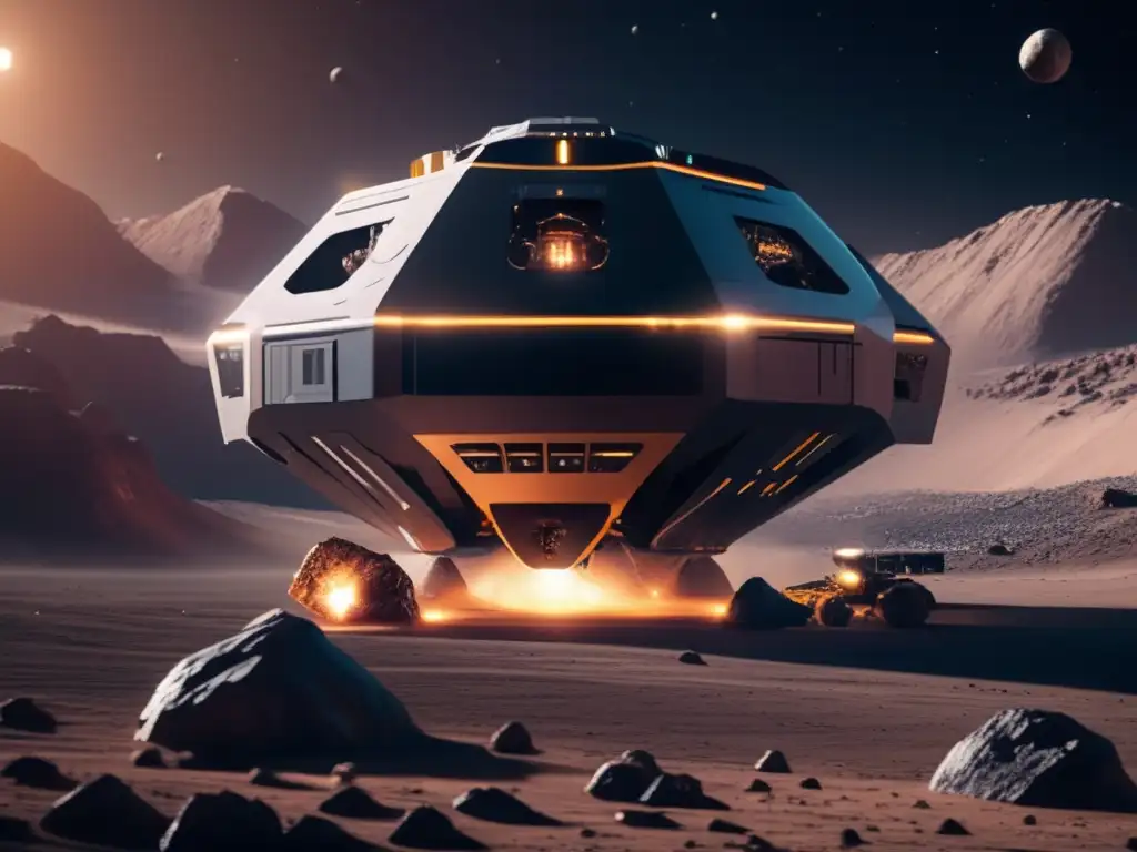 Futurista nave minera asteroidal Beneficios económicos de la minería espacial: Operación minera espacial futurista de alta resolución con nave espacial y drones mineros