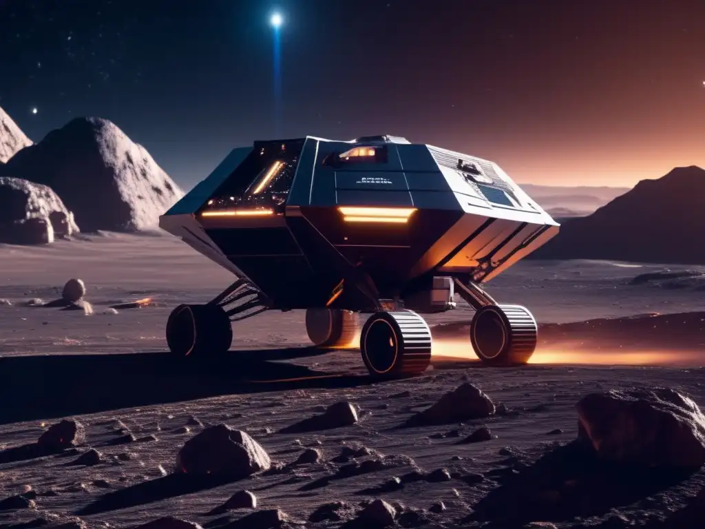 Mineros espaciales extraen recursos de un asteroide Beneficios económicos de la minería espacial: Operación minera futurista en asteroide con avanzada tecnología