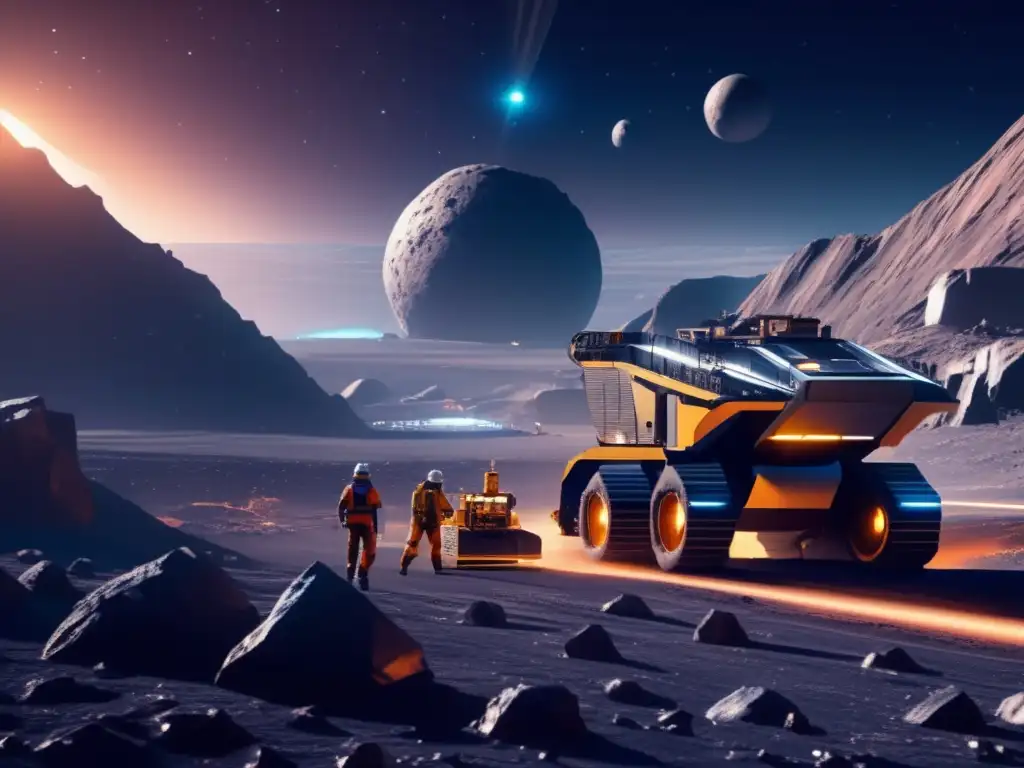 Futuro minero en asteroide: tecnología y astronautas Beneficios económicos de la minería de asteroides: operación futurista en un asteroide con tecnología avanzada y astronautas en trajes espaciales