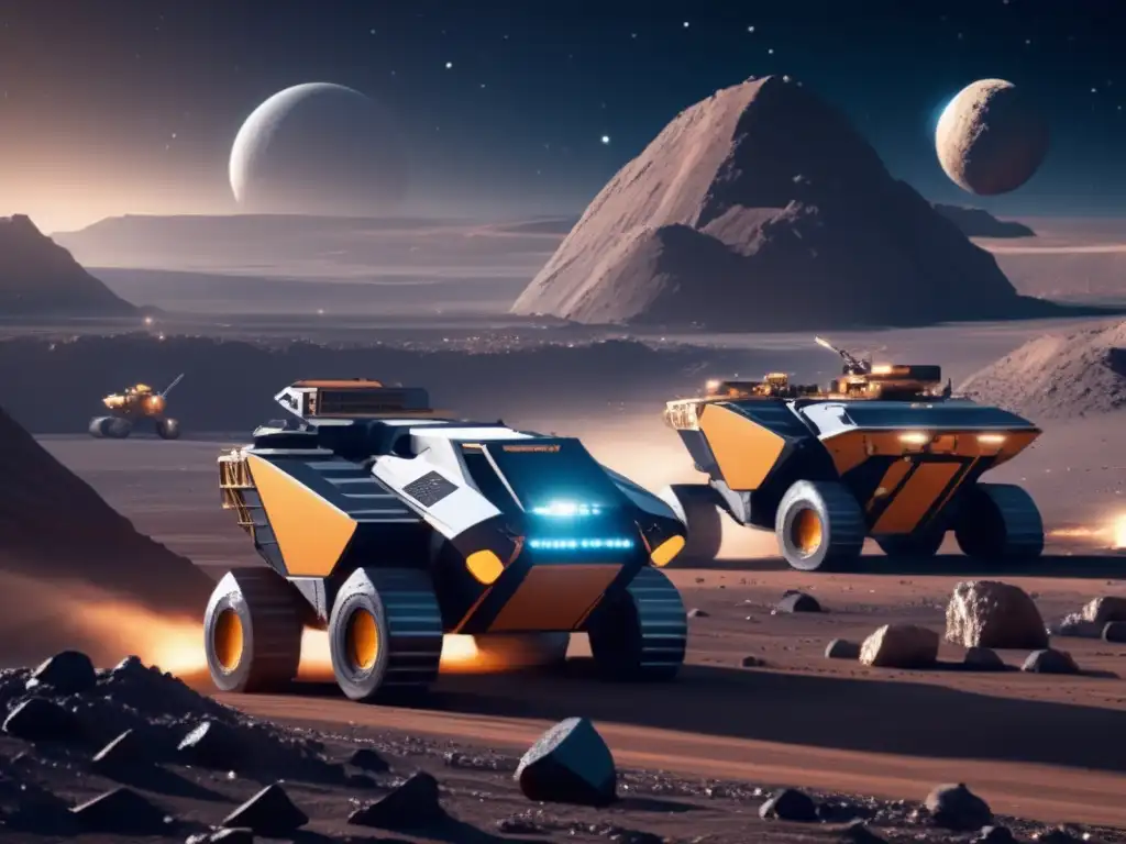 Minería espacial futurista con detalle exquisito Beneficios minería espacial: escena futurista de minería en asteroide, vehículos robóticos extraen recursos valiosos en el espacio
