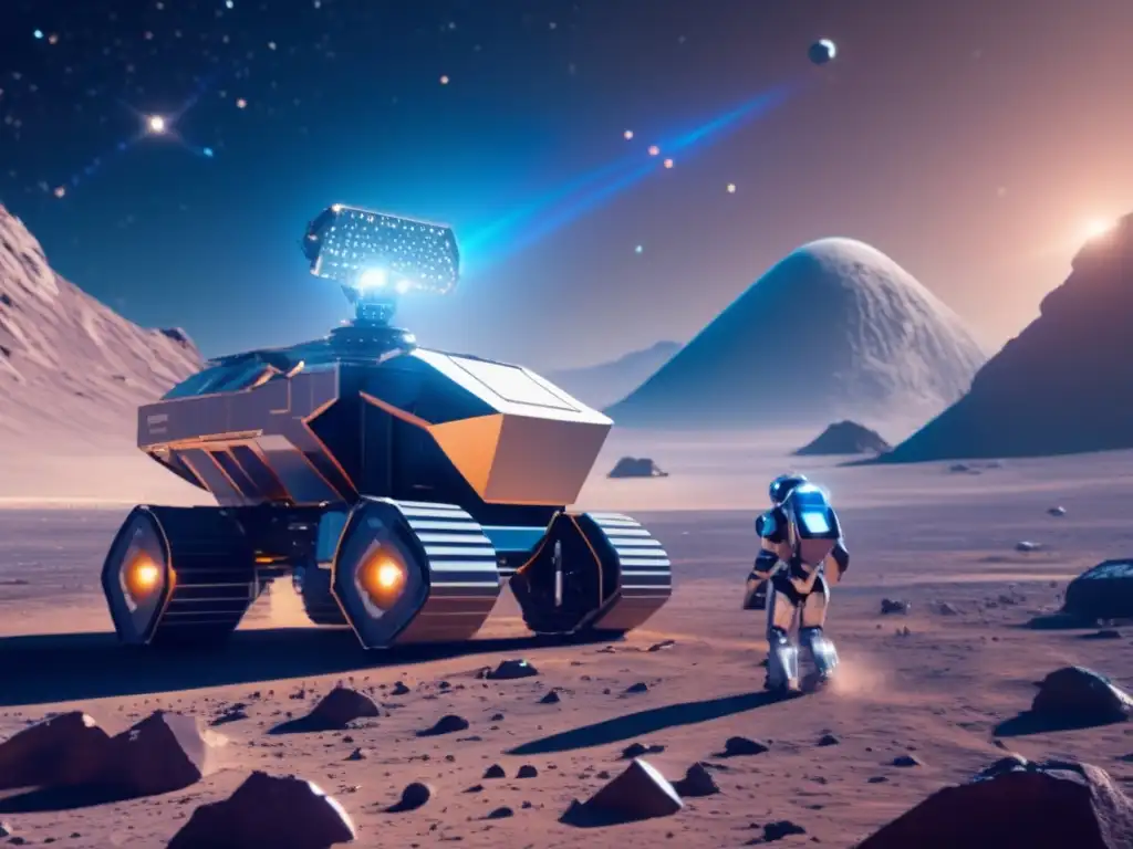 Futuro minero en asteroide Beneficios minería espacial: robot minero en asteroide mostrando operación futurista y tecnología avanzada