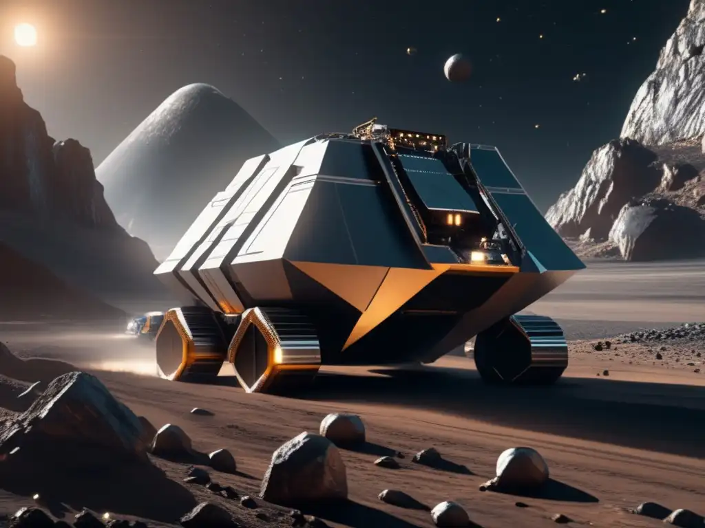 Futuro minero espacial: extracción de agua en asteroide Beneficios de la explotación de asteroides: Operación minera espacial futurista extrae agua de asteroide