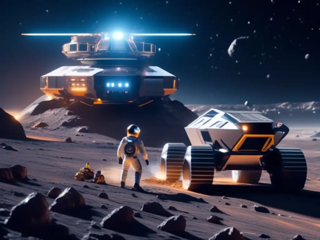 Beneficios minería asteroides: Operación minera futurista en asteroide, astronautas extraen recursos con maquinaria avanzada en el espacio