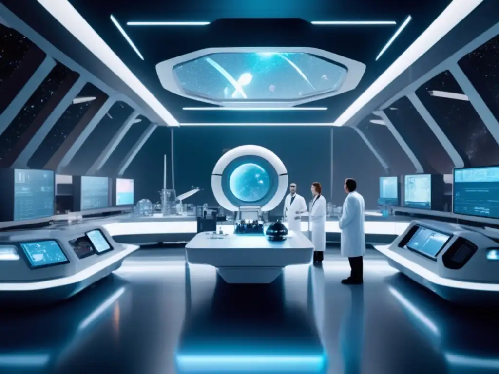 Laboratorio futurista en campo de asteroides Beneficios de la minería de asteroides en biomedicina: laboratorio futurista, científicos, tecnología avanzada, asteroides flotando en el espacio