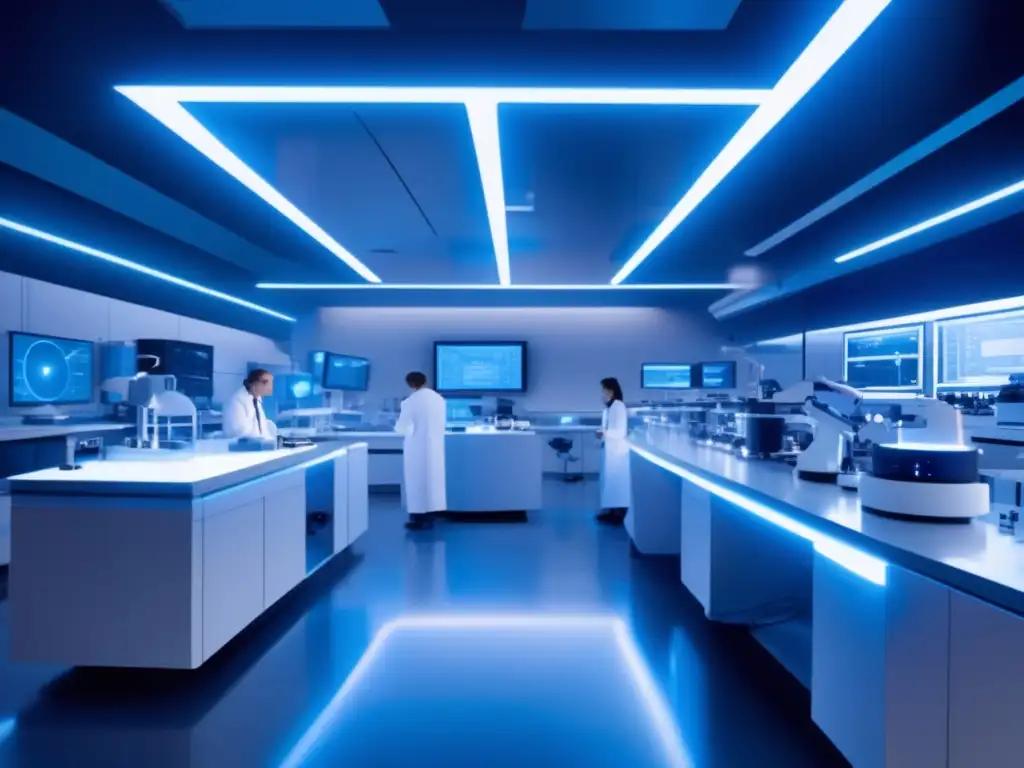Laboratorio futurista de minería de asteroides y biomedicina Beneficios de la minería de asteroides en biomedicina: laboratorio futurista con equipo avanzado y científicos investigando