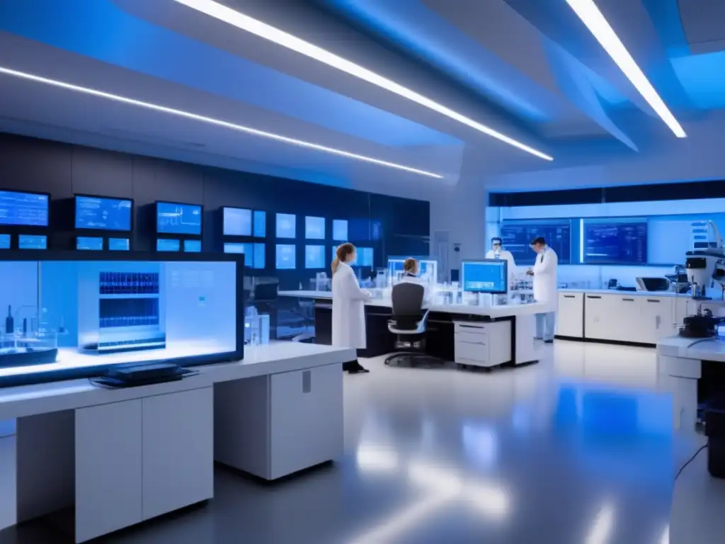 Laboratorio futurista con tecnología avanzada Beneficios de la minería de asteroides en biomedicina: laboratorio futurista con tecnología vanguardista y científicos trabajando diligentemente