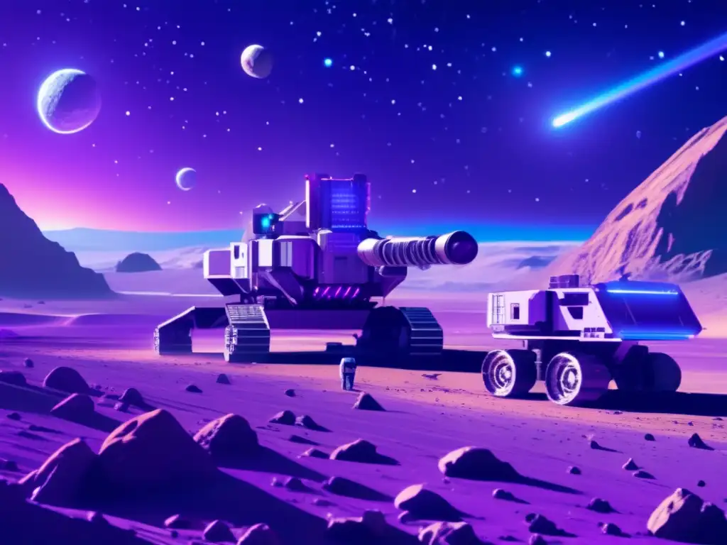 Beneficios de la minería espacial en un asteroide: tecnología avanzada y recursos valiosos extraídos por máquinas y brazos robóticos