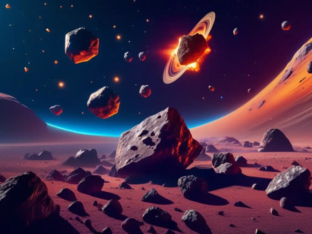 Asteroidas flotantes en el espacio Beneficios de la minería espacial: Asteroides 8k ultra detallados flotando en el espacio, con colores vibrantes y formas únicas