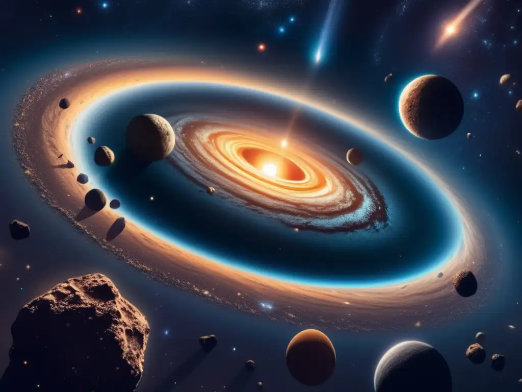 Esplendor de asteroides en el espacio Beneficios de la minería espacial en asteroides: Exquisita imagen de una galaxia espiral y asteroides únicos flotando en el espacio