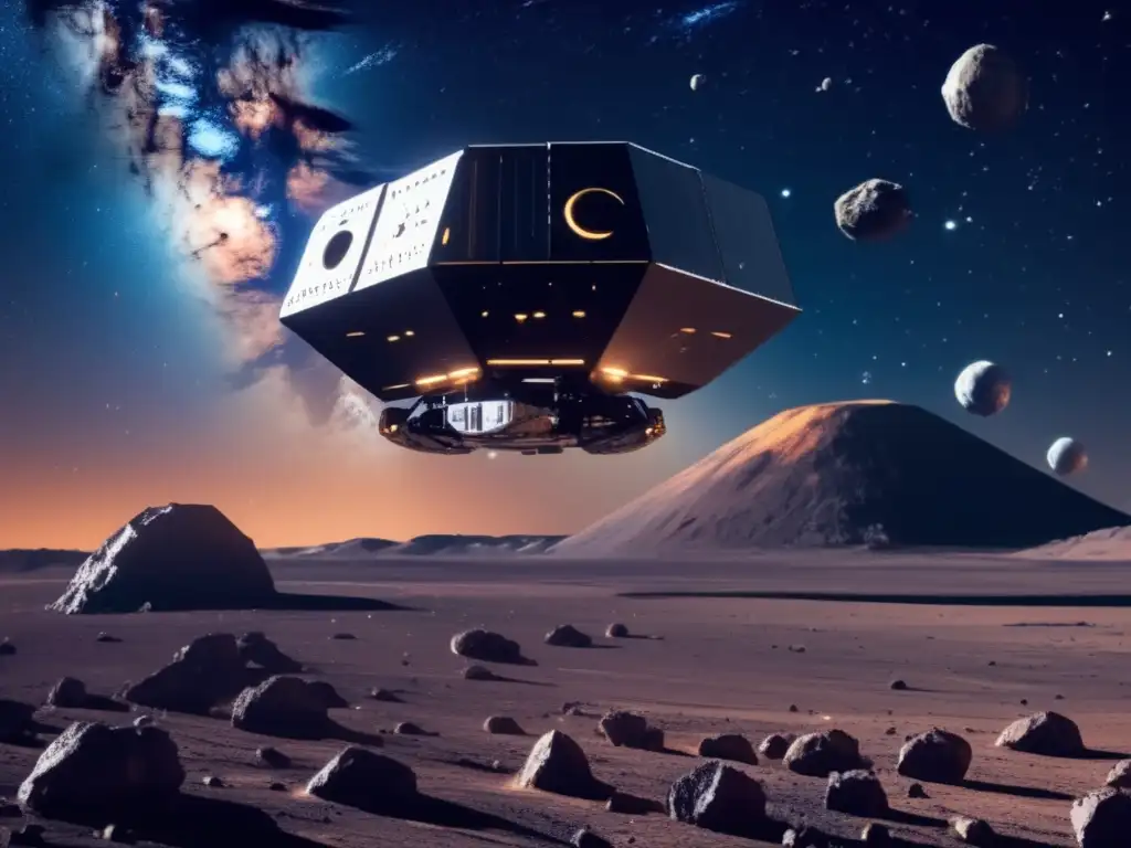 Futuro de la minería espacial Beneficios de la minería espacial en asteroides: fascinante imagen de robots avanzados extrayendo recursos en un asteroide cósmico