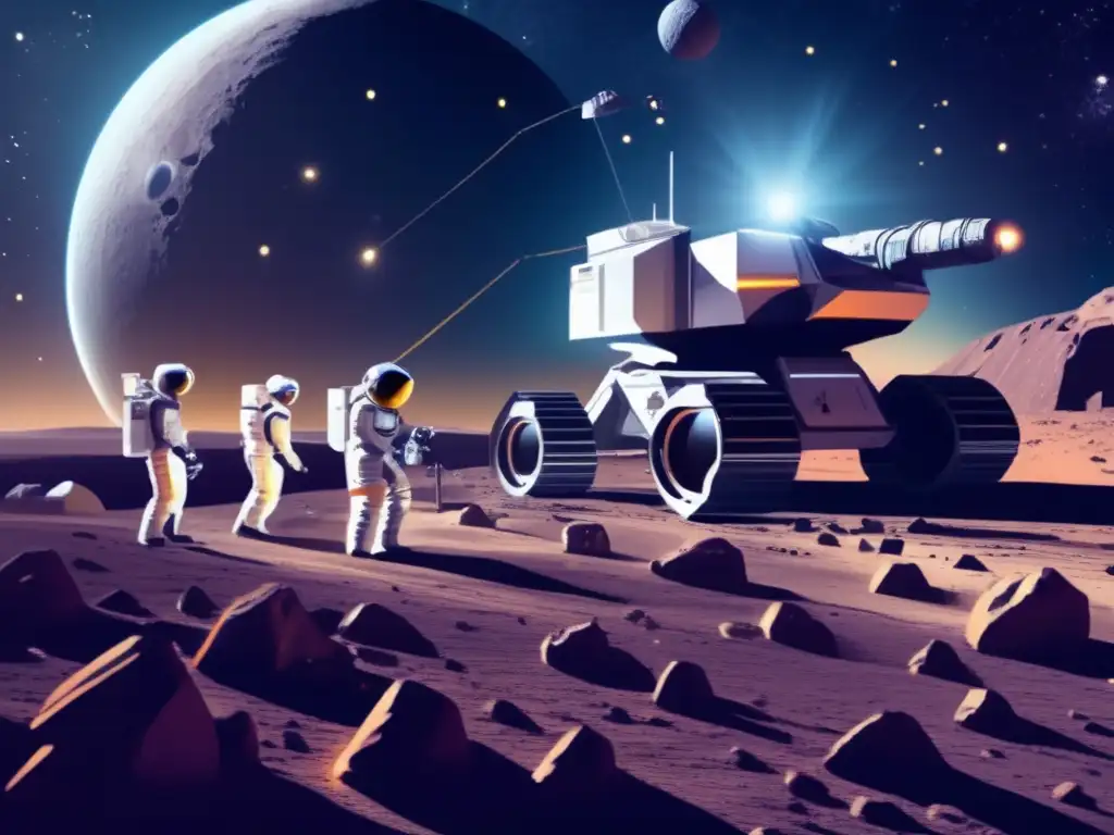 Beneficios de la minería espacial: avanzada operación minera en asteroide con astronautas, maquinaria y tecnología futurista