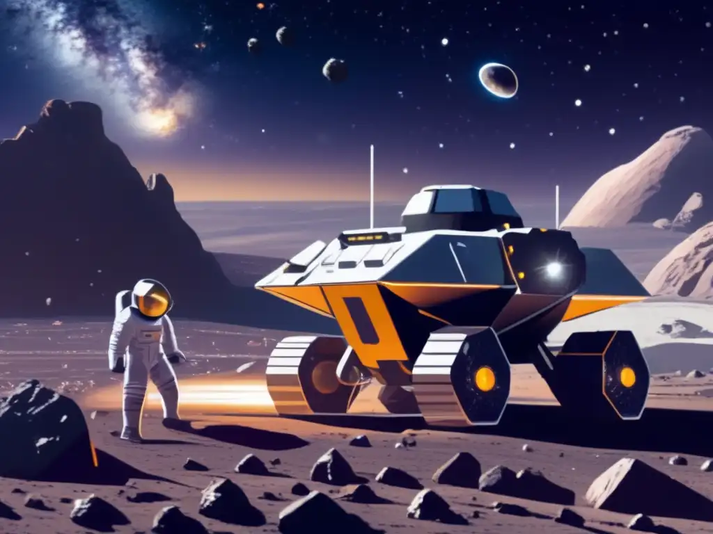 Futura minería espacial en asteroide Beneficios de la minería espacial en asteroides: Operación futurista de extracción de recursos en un asteroide
