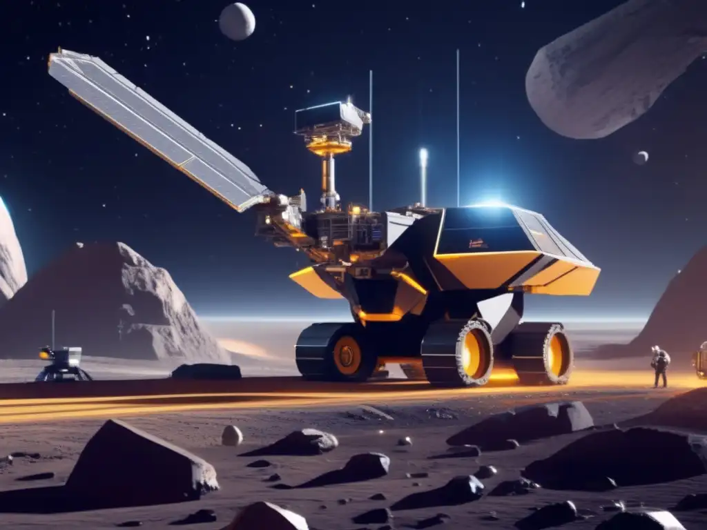 Futuro de la minería espacial Beneficios de la minería de asteroides: Operación espacial futurista con equipo avanzado y riquezas cósmicas