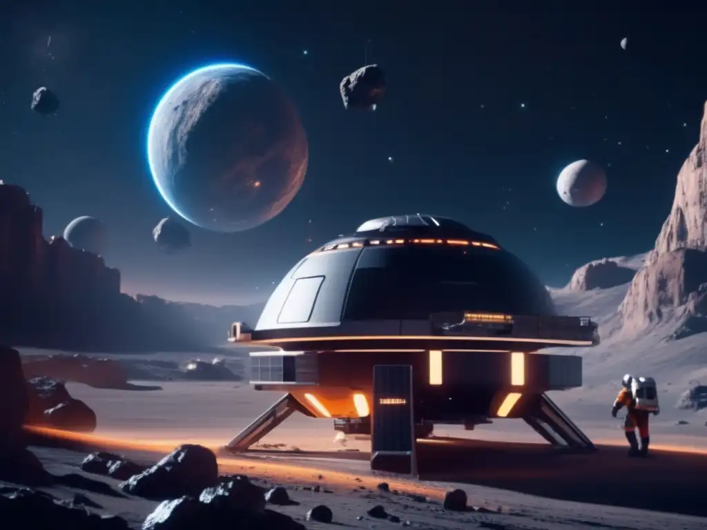 Beneficios de la minería espacial: Futurista estación espacial en asteroide, mineros extraen valiosos recursos