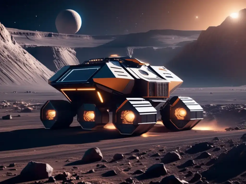 Explotación minera espacial en asteroide Beneficios de la minería espacial en asteroides: Operación minera futurista en asteroide gigante