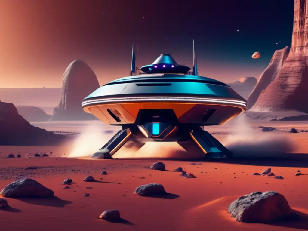Futurista nave minera en planeta alienígena Beneficios de la minería espacial: nave futurista minera, IA avanzada, paisaje alienígena y cosmos estelar