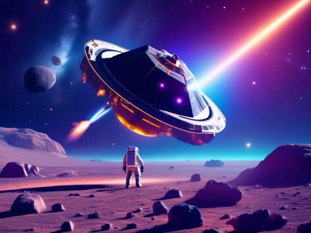 Beneficios de la minería espacial: Sonda espacial explorando asteroide, revelando minerales y colores vibrantes en el cosmos